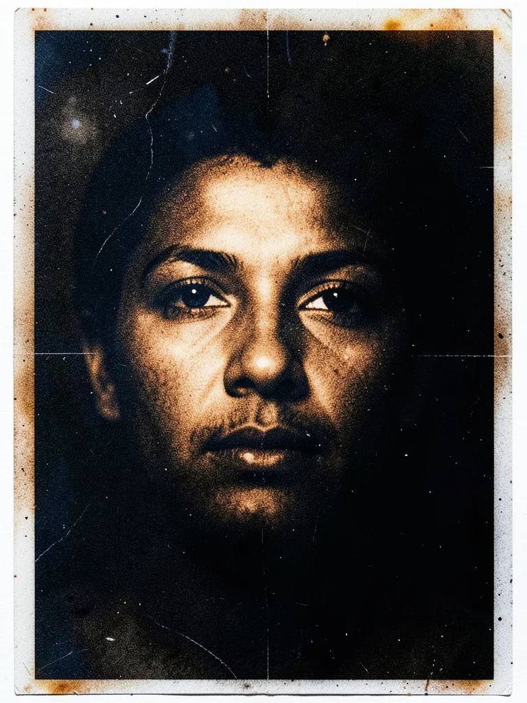A lith print: a face emerging from heavy grain, warm brown highlights, cool blue