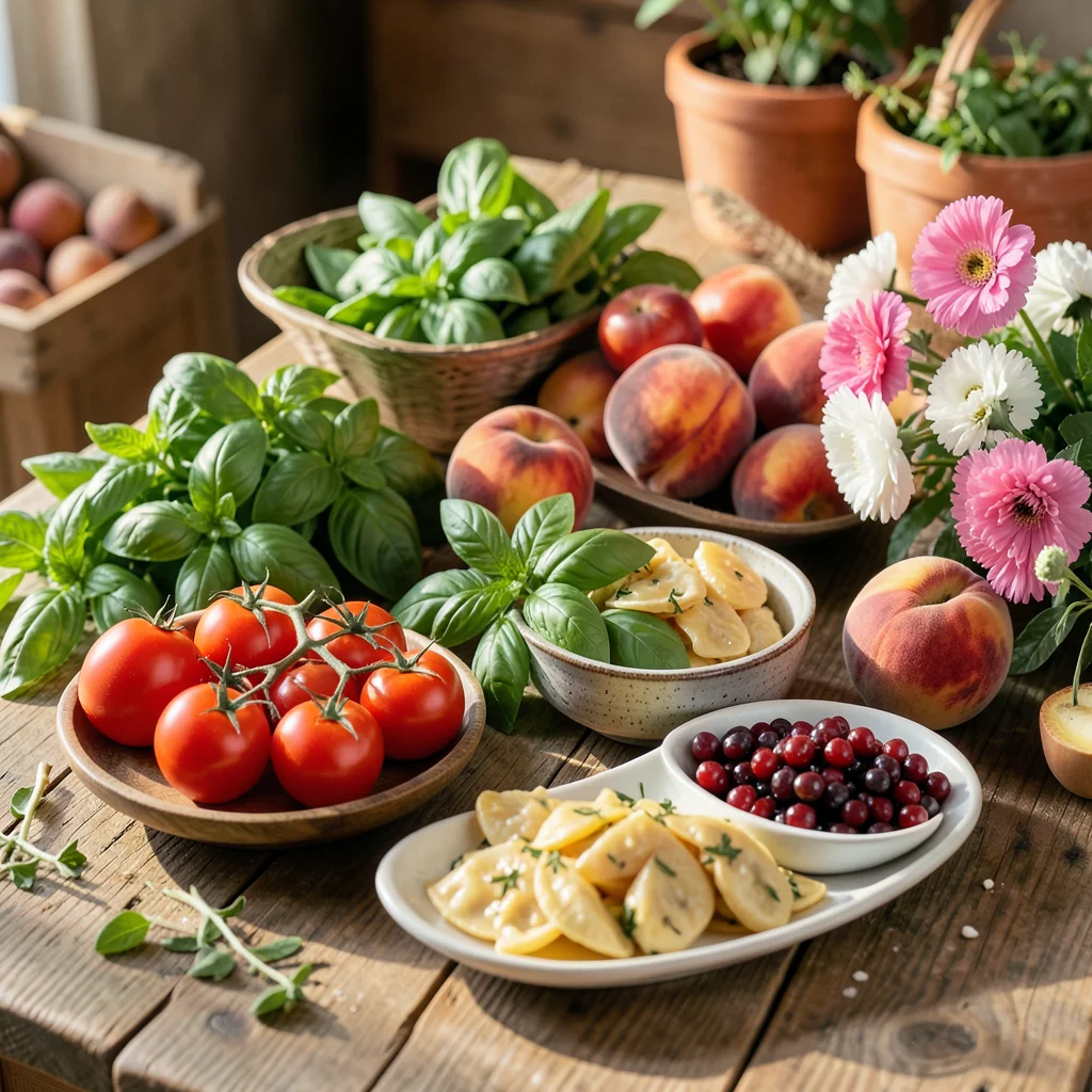 Fresh farmer's market produce spread — heirloom tomatoes, basil, peaches, and fl