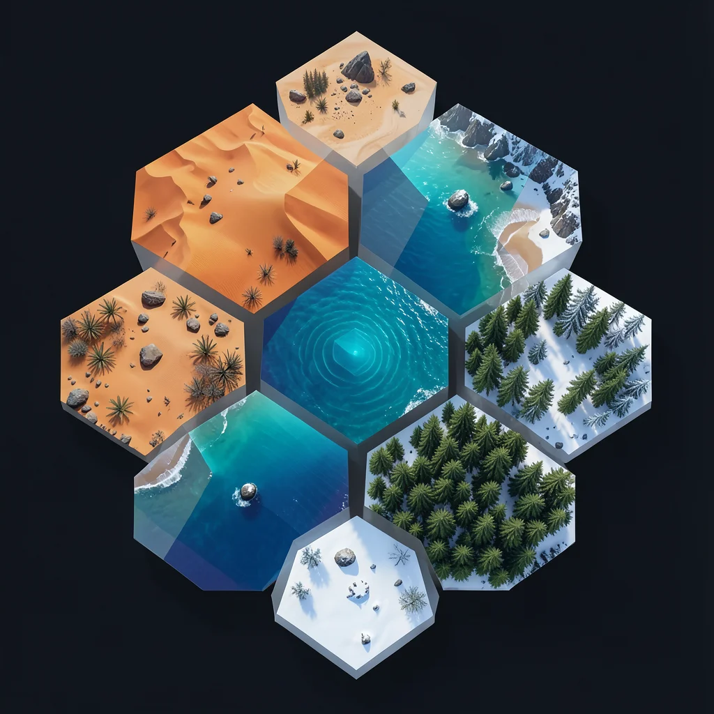 Hexagonal cells containing different biomes — desert, ocean, forest, snow — aeri