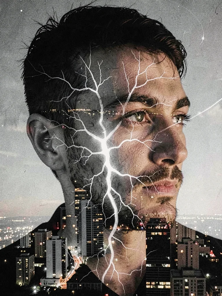 Insomniac's face blended with city lights, urban pulse running through veins, sl