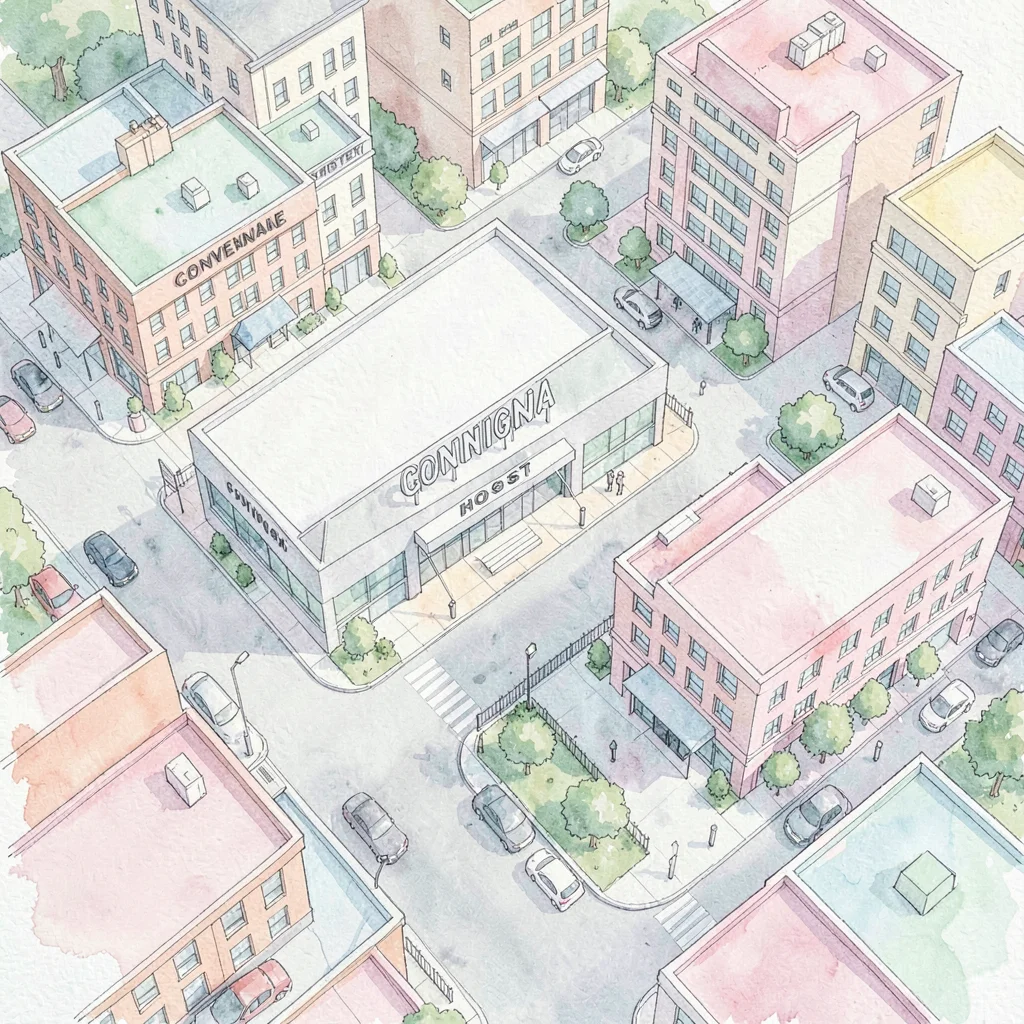 Top-down illustrated city block showing the convention venue and host hotels, pa