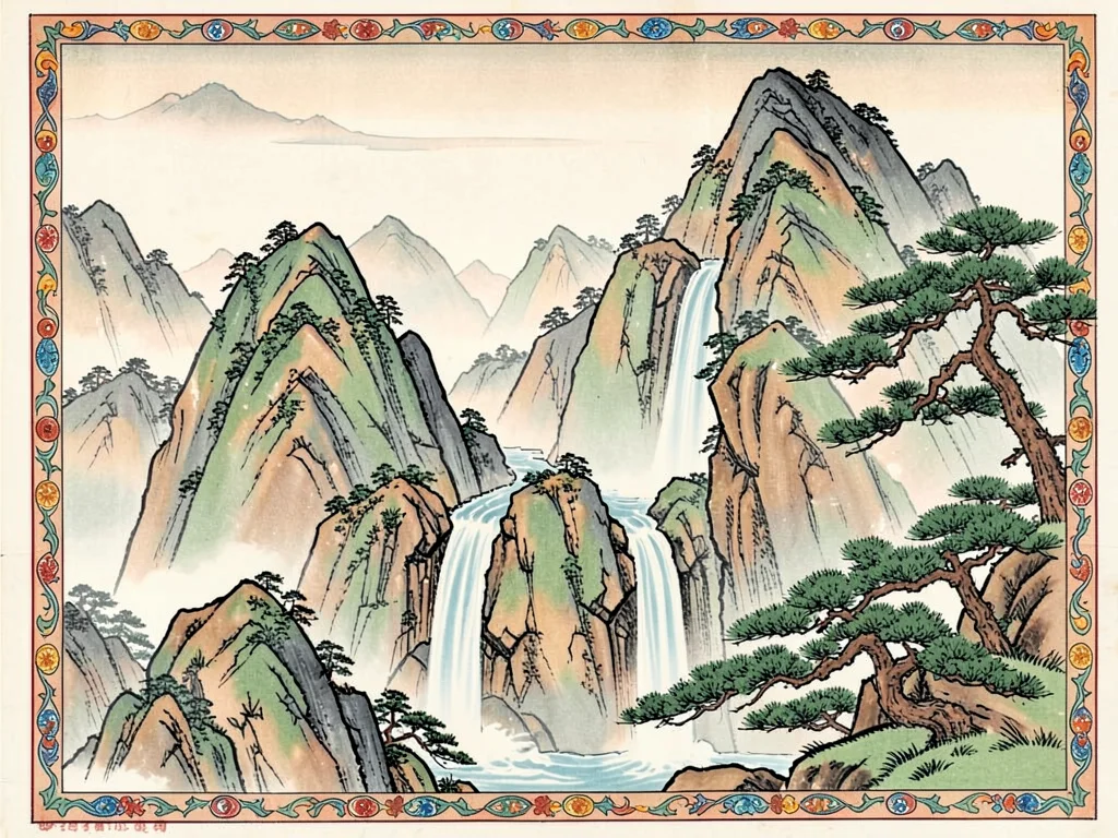Mountain landscape with waterfalls, stylized crags, and a lone pine