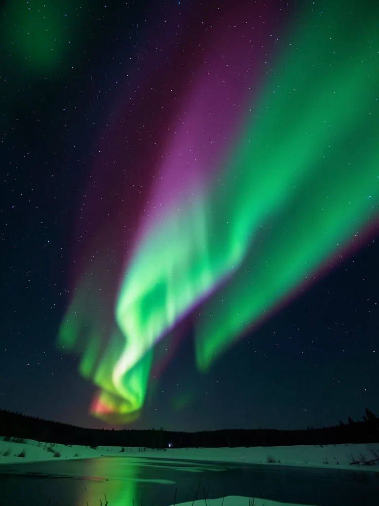 Purple-red aurora corona overhead, rays radiating from magnetic zenith, rare hig