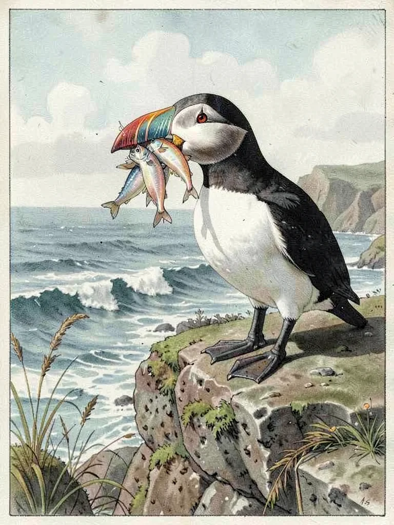 Atlantic puffin ornithological plate