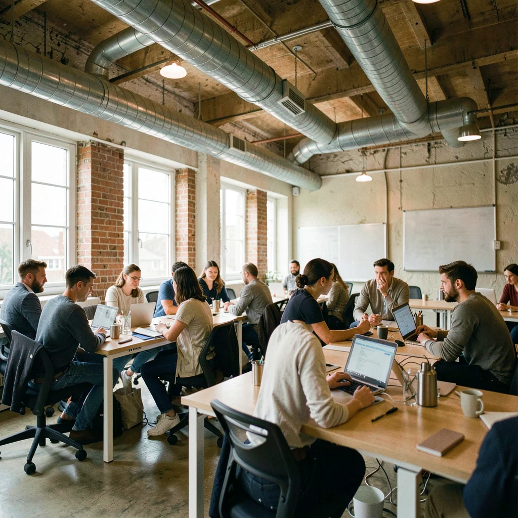 Documentary photograph, Coworking space with diverse professionals at shared des