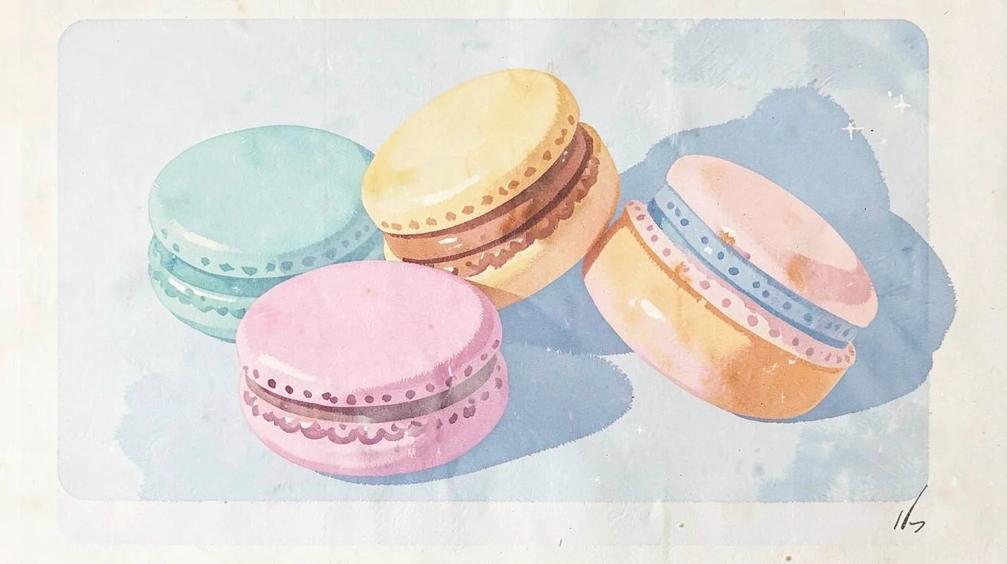 Gouache illustration, macarons in pastel colors , opaque matte pigment, flat col