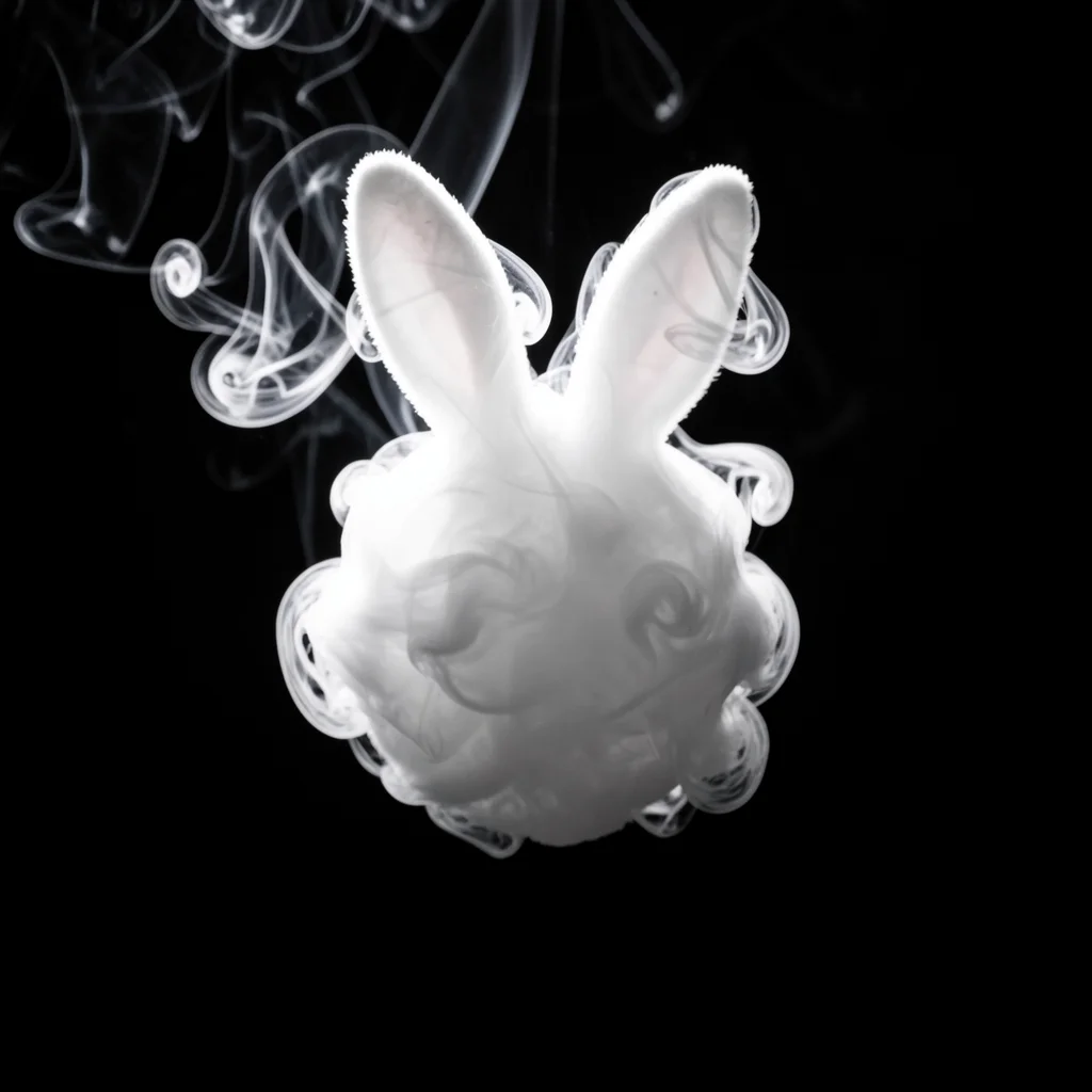 A smoke bunny — white vapor shaped into rabbit ears and a round body by careful 