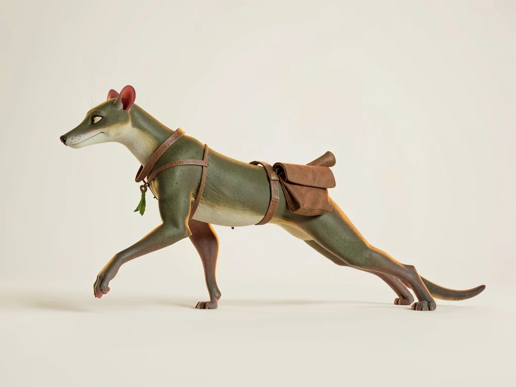 Slender weasel-courier mid-stretch with body elongated along the gradient, tiny 