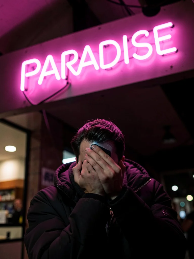 Someone on their phone beneath a pink neon sign, clearly receiving bad news, the