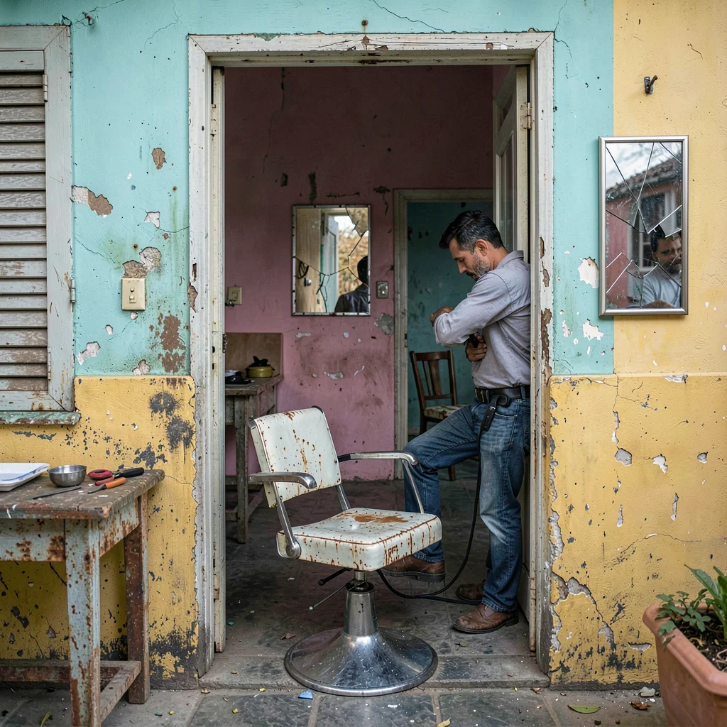 Havana preserved decay, improvised maintenance beauty, Barber cutting hair in a 