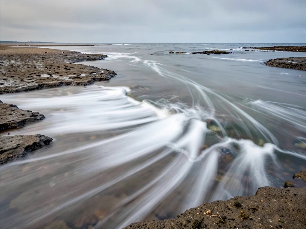 Tidal flat with water movement as soft white