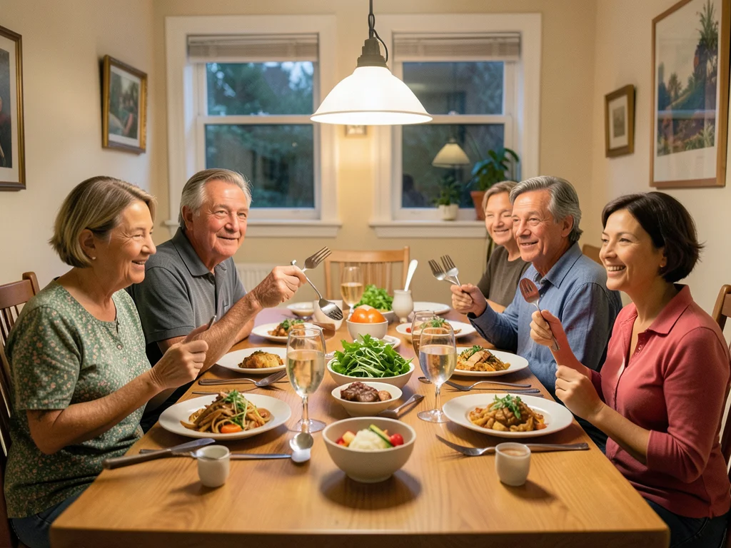Family dinner but utensils are impossibly oversized, family unfazed