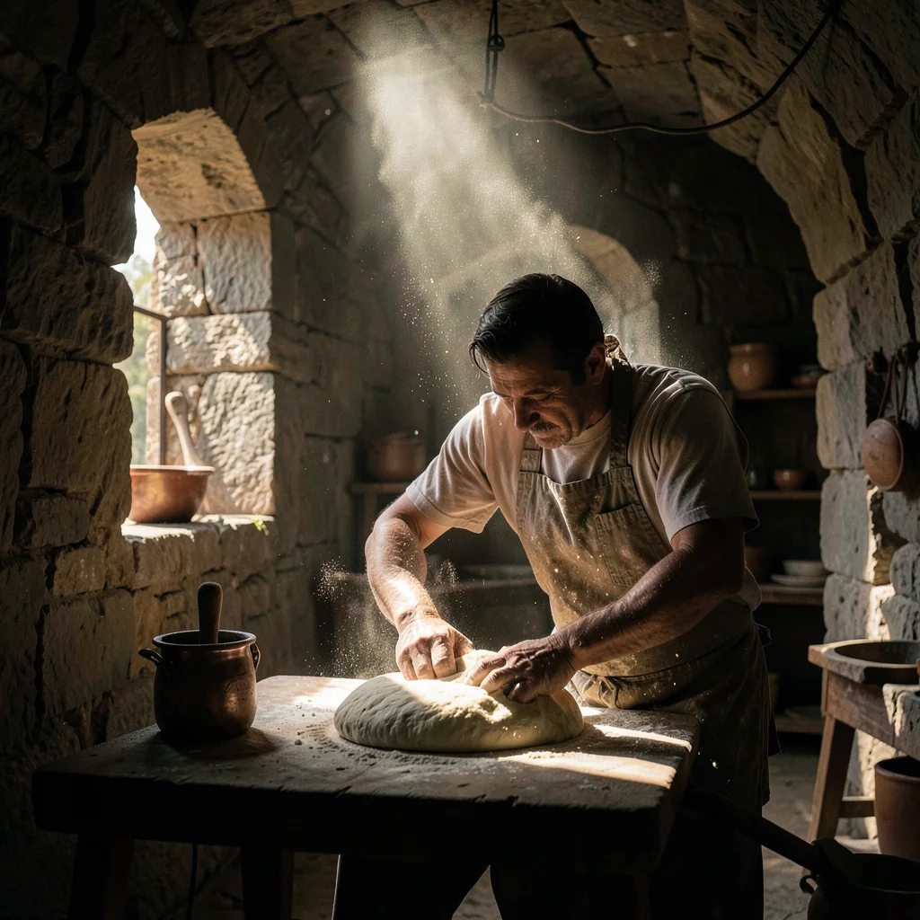 Dramatic natural light streaming through stone openings, deep chiaroscuro shadow