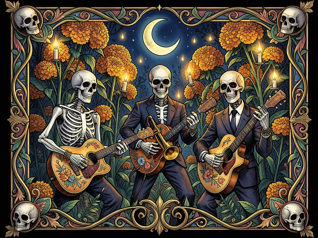 Skeleton musicians in a midnight garden, three figures playing guitar, trumpet, 