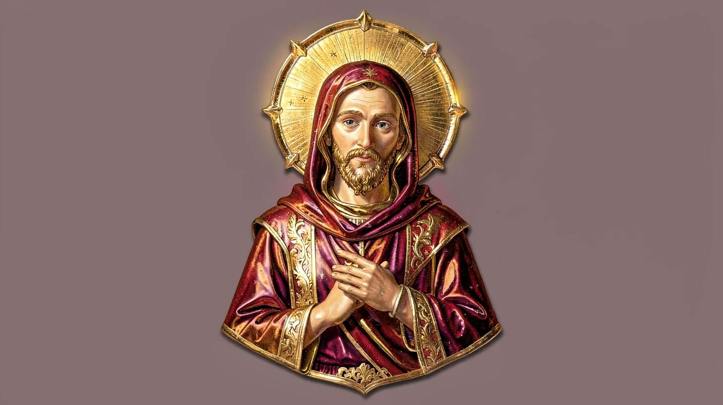Gold leaf illuminated illustration, saint with halo , burnished gold leaf areas,