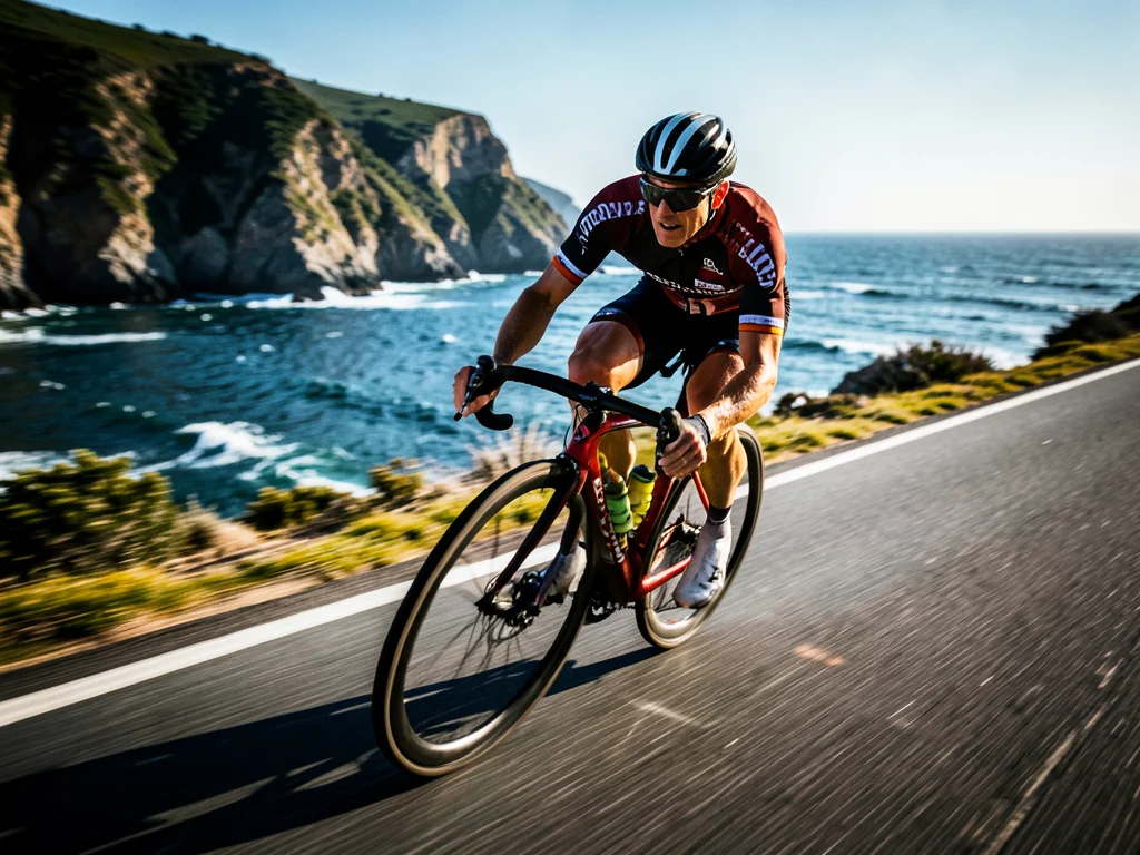 Cyclist racing along a coastal road, ocean and cliffs in the background