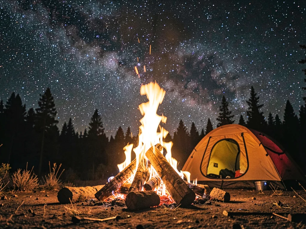 Fire against star field at campsite