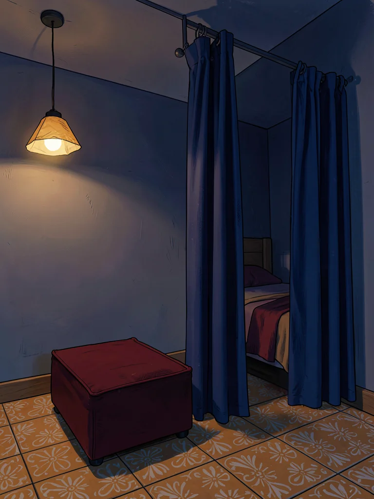 Pared-down single-room apartment at twilight with one bare bulb glowing amber un