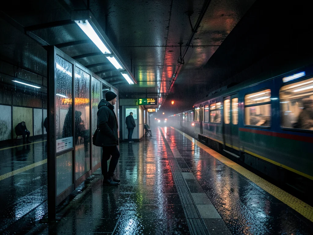A rain-soaked bus stop shelter: a single person waiting, the bus approaching wit