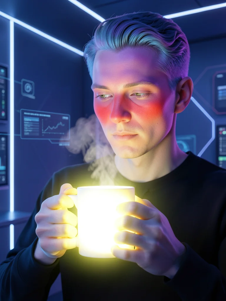 A thermal camera image of a person holding a hot coffee mug, their hands glowing