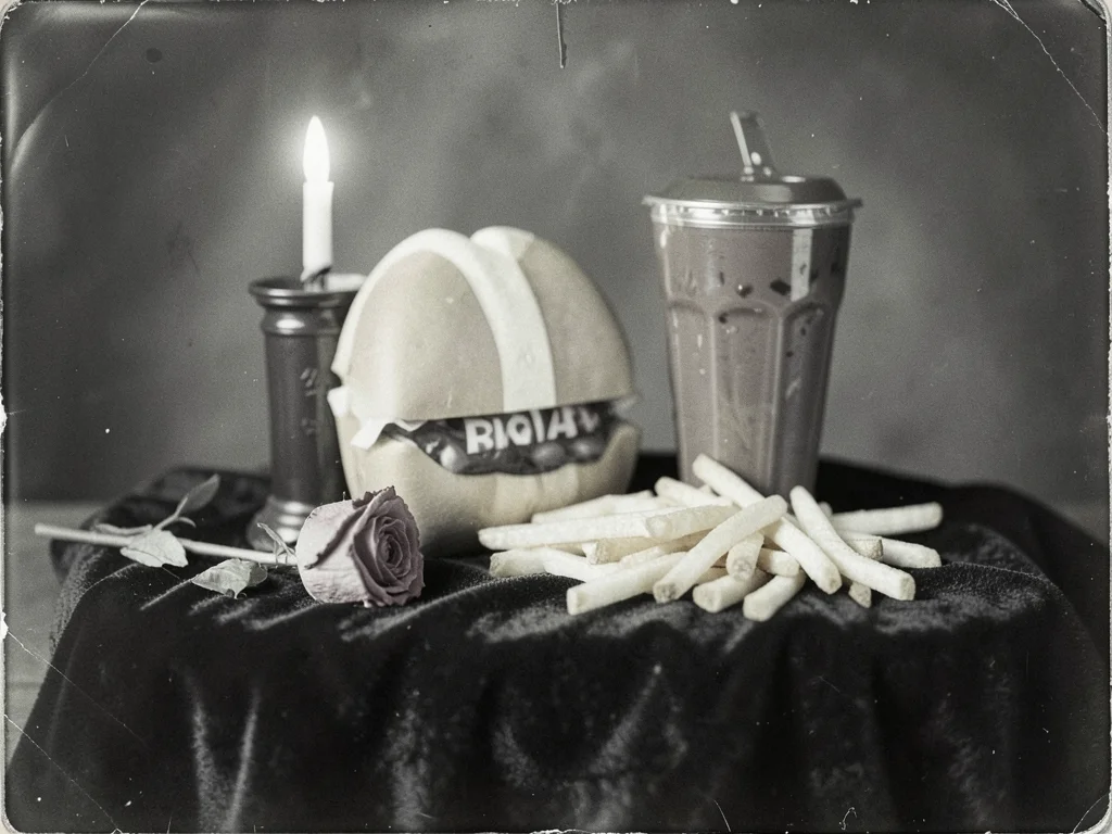 A Big Mac, large fries, and chocolate milkshake arranged on dark velvet cloth wi
