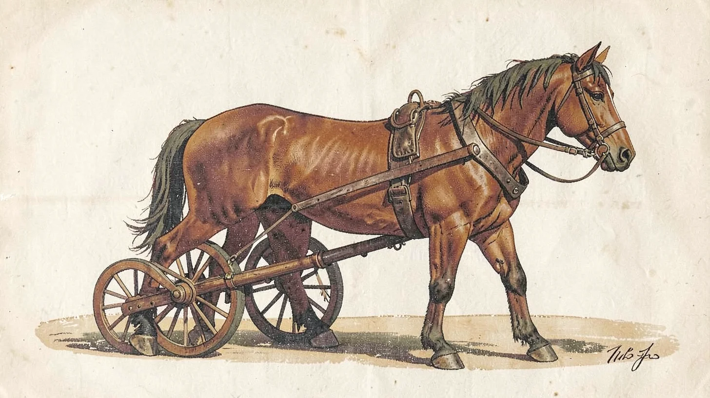 Casein illustration, draft horse pulling plow , milk-based paint, vintage matte 