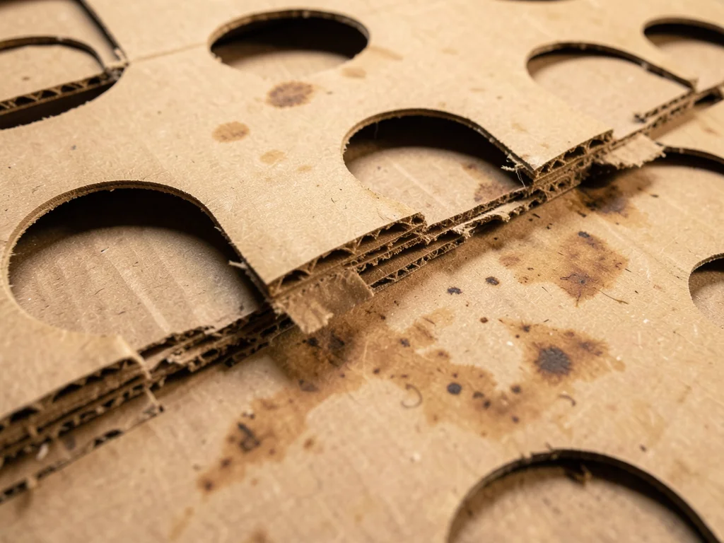 Die-cut holes in industrial cardboard, circular and rectangular punched openings