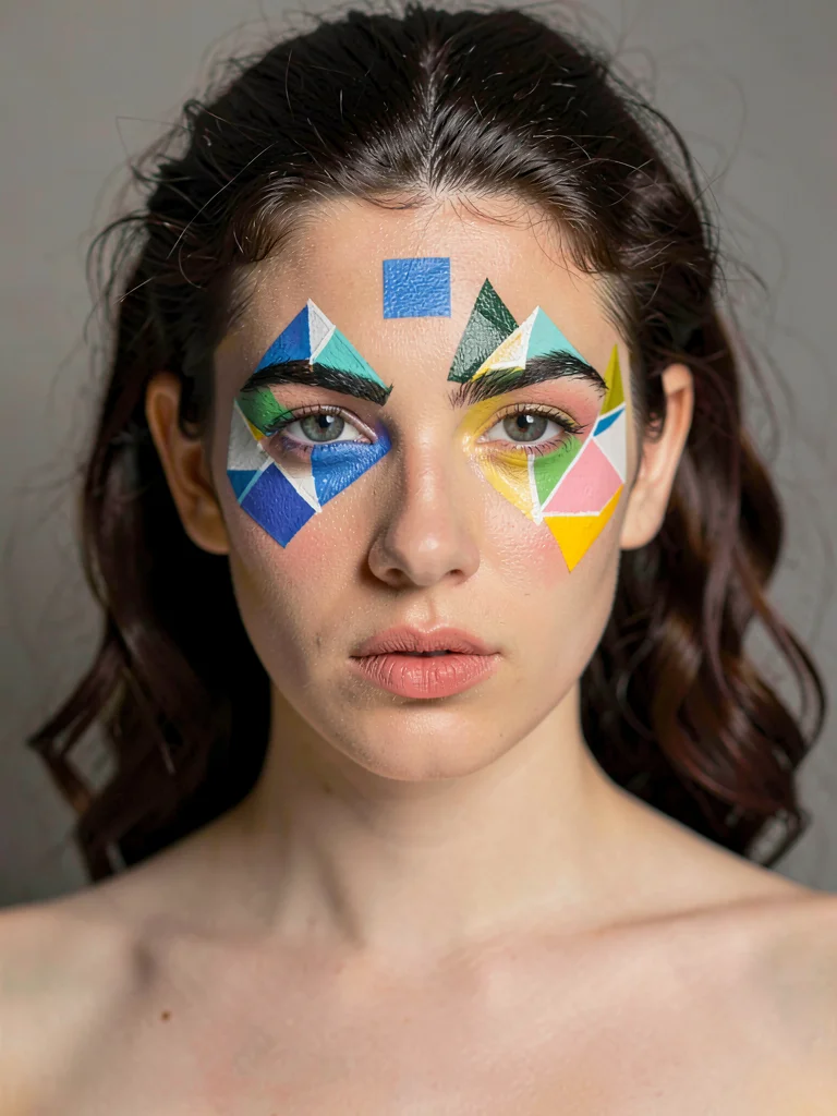 Model with geometric face paint under five-light setup, each color separated