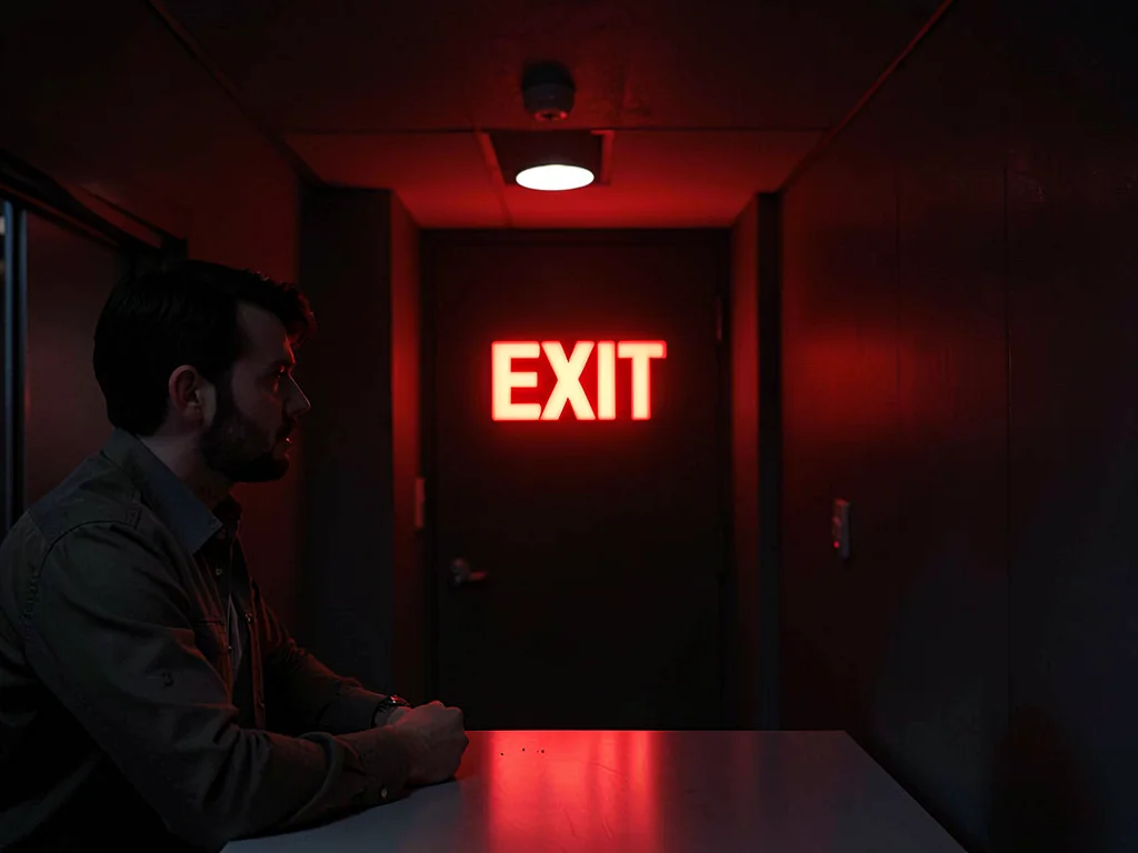 Person considering the EXIT sign during boring meeting, the fantasy of escape, r