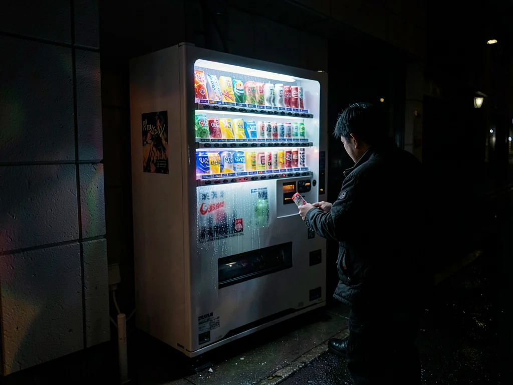 Person comparing two vending machine drinks, the paralysis of choice in artifici