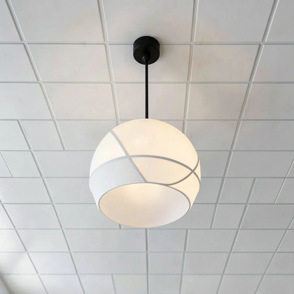 Spherical pendant light against white ceiling grid, minimal shadow