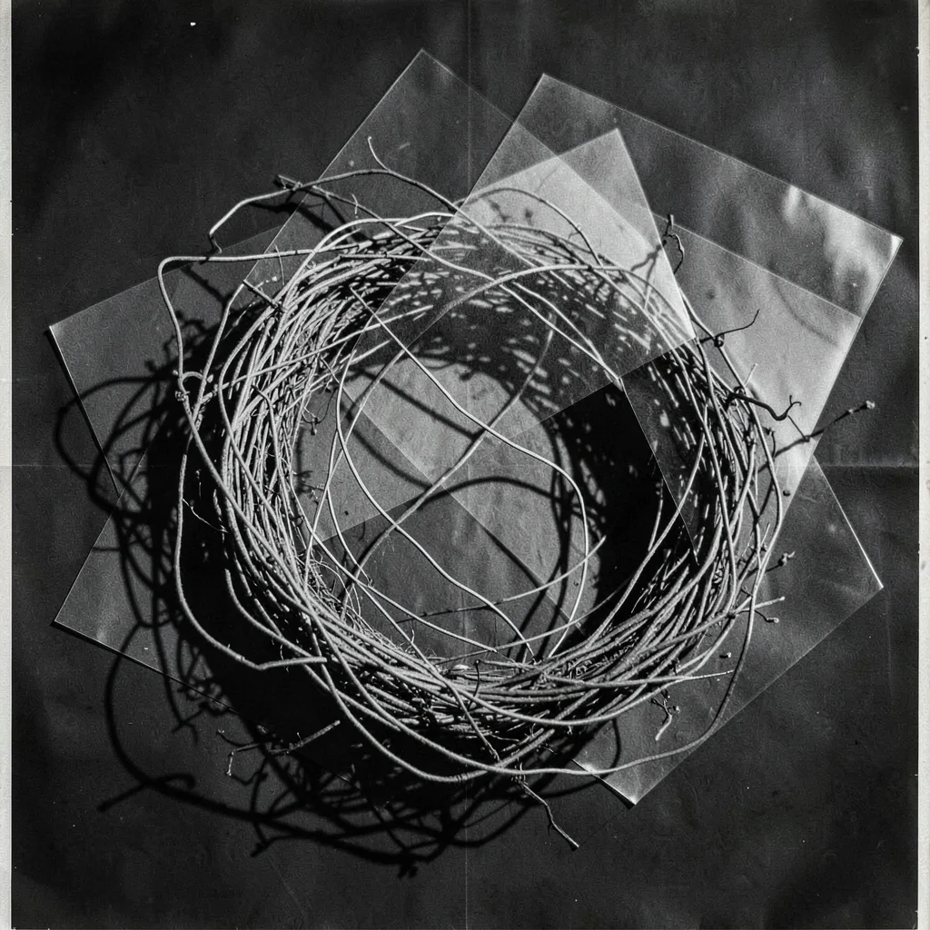 A nest of tangled wire as photogram — overlapping lines and spaces