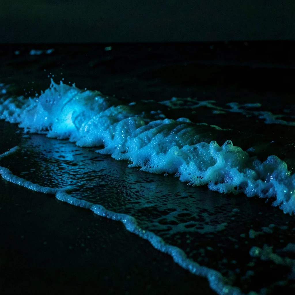 Single wave breaking at night extreme close-up — blue glow in the foam and lip, 