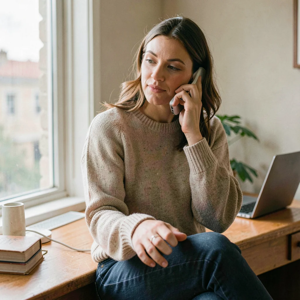 Documentary photograph, Woman on phone call pacing near window, laptop open on d