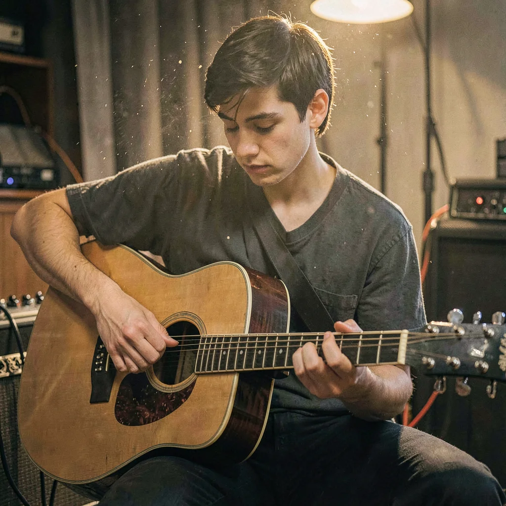 Portrait of a student tuning a guitar at a tweed amp, dust motes drifting in lam