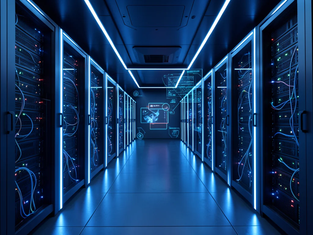 Glowing server room corridor with blue LED lights and rows of blinking racks