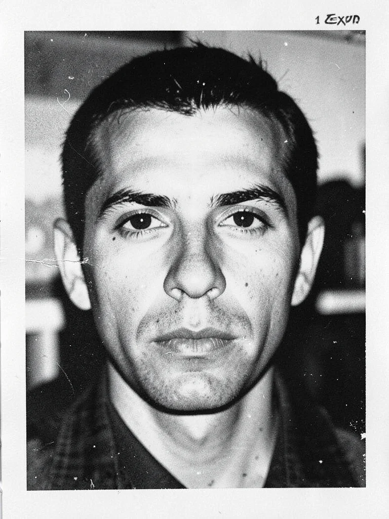 A self-portrait made by pressing a face directly onto the copier glass, nose and