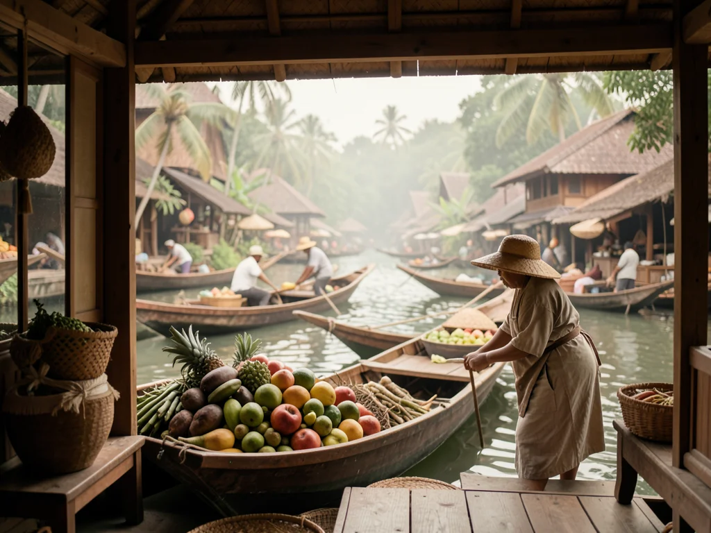 Thai floating market with wooden boats piled with tropical fruits, vendor in str