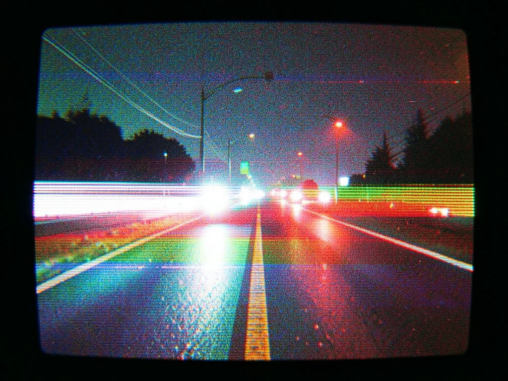A highway at night, headlights smearing into horizontal bands of white and red