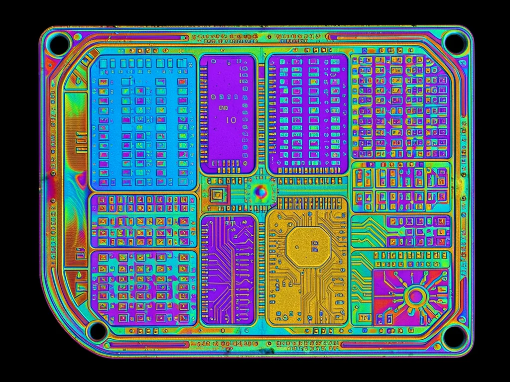 Full die overview in false-color, different functional blocks visible as colored