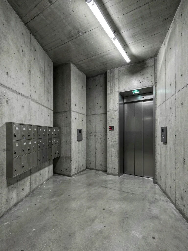A brutalist apartment block lobby — concrete lift shaft, raw walls, institutiona