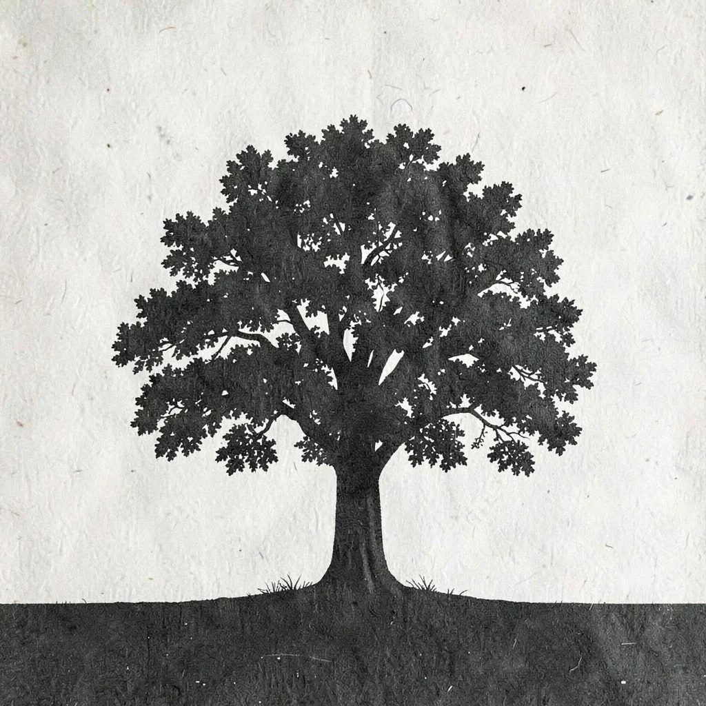Two-color riso poster of an oak tree silhouette with a low ground line
