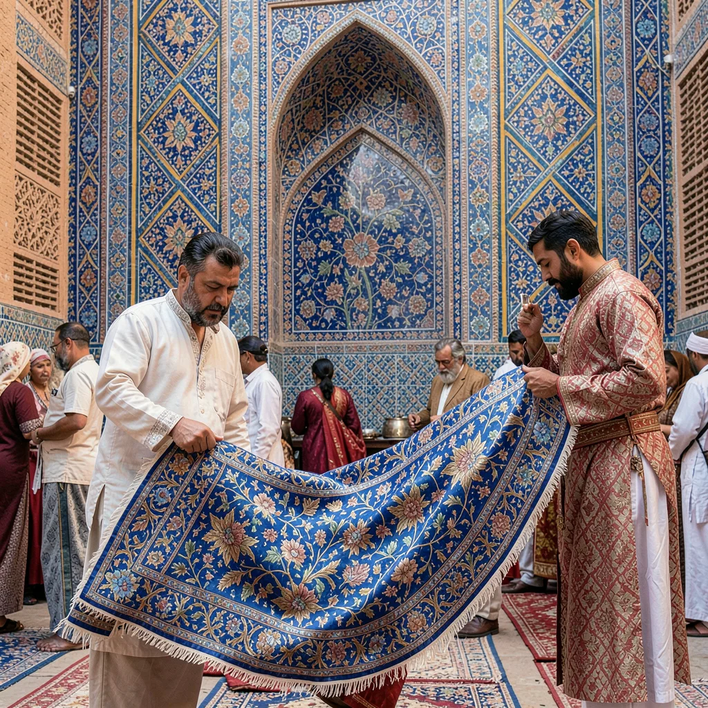 Samarkand blue majolica against Central Asian terracotta, silk merchant unrollin