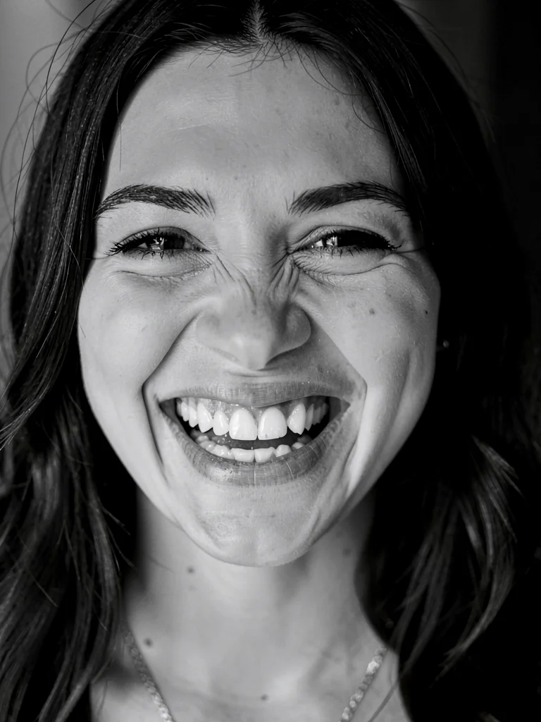 Portrait of woman laughing, reversal catching teeth bright while eyes go dark