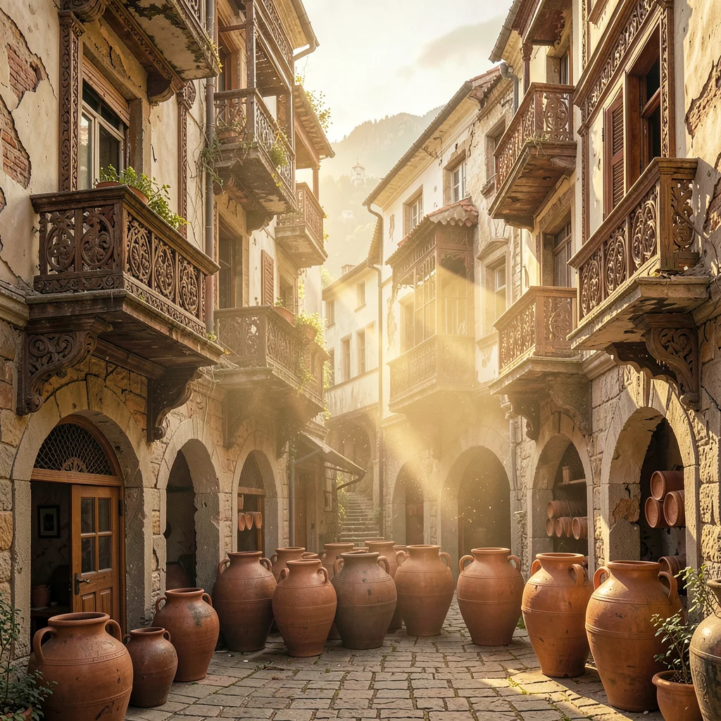 Crumbling Art Nouveau balconies in golden Tbilisi light, qvevri wine cellar with