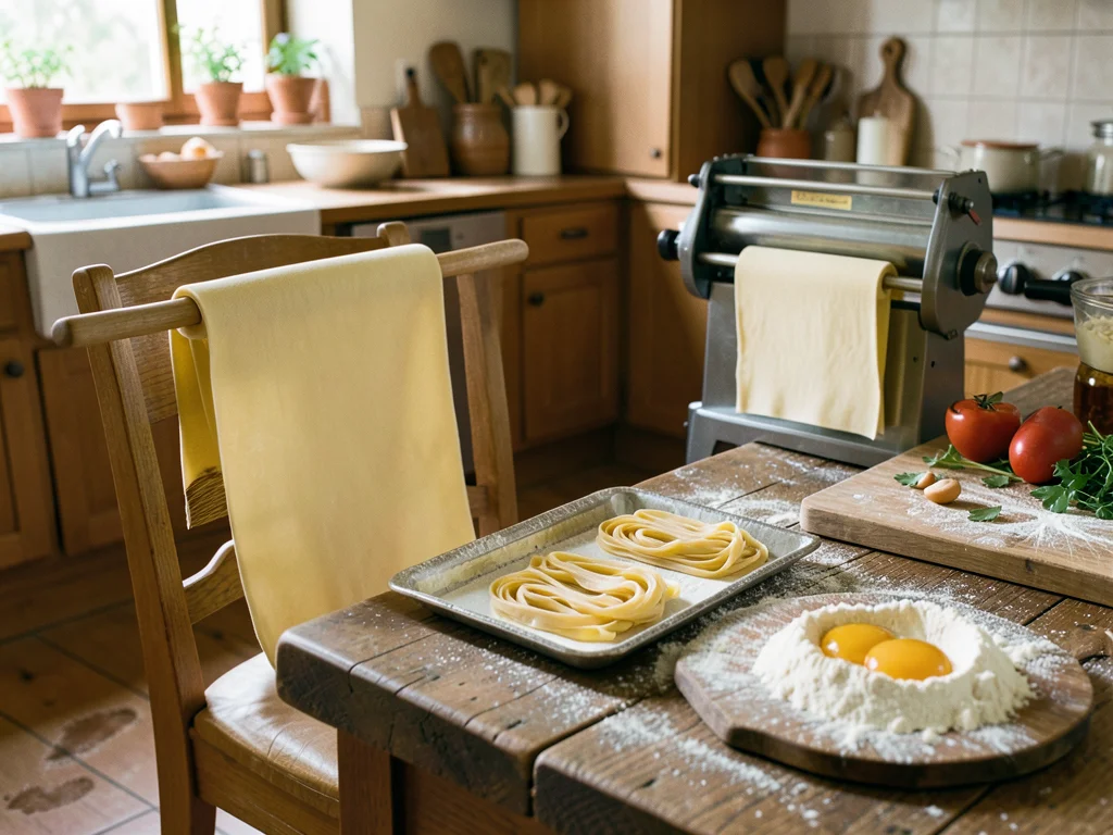 A pasta-making session in progress — a sheet of fresh pasta dough rolled thin dr