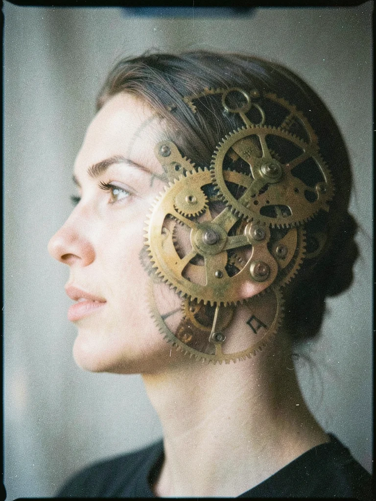 A face in profile overlaid with a clock mechanism, gears and springs visible wit