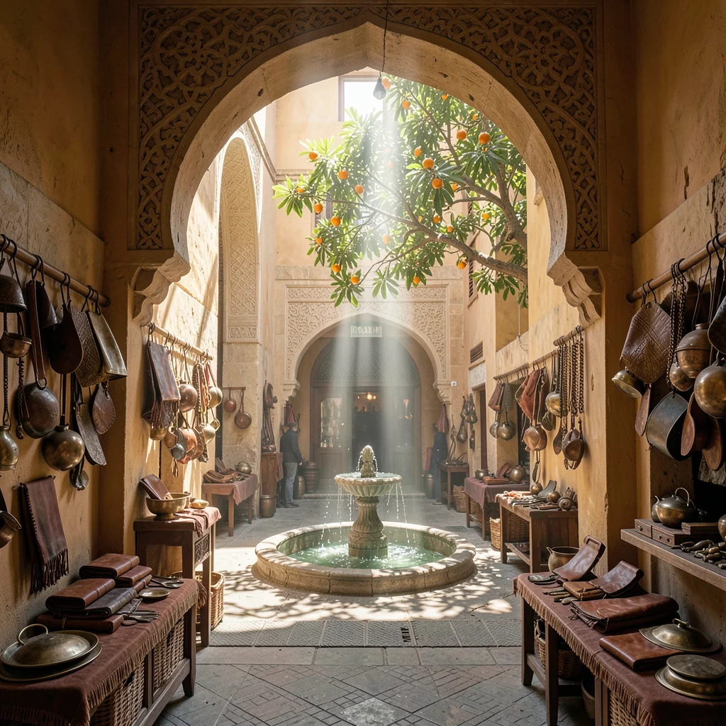 Fes medina light penetration, souk depth, fountain courtyard seen through carved