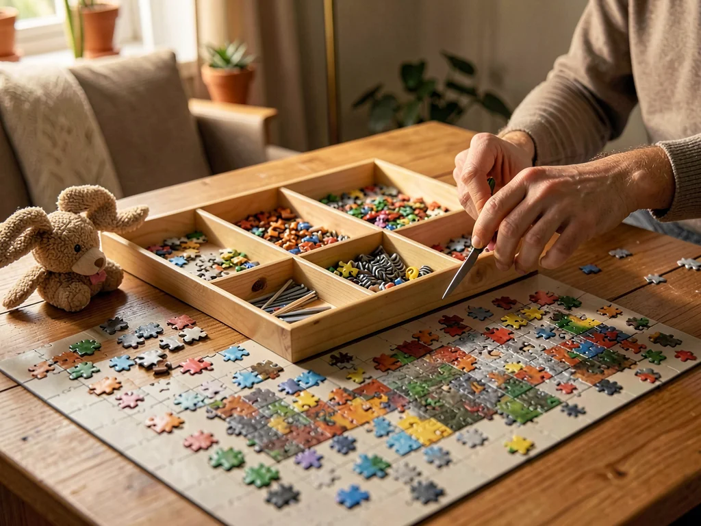 Sorting tray with compartments, pieces organized by section, serious puzzle infr