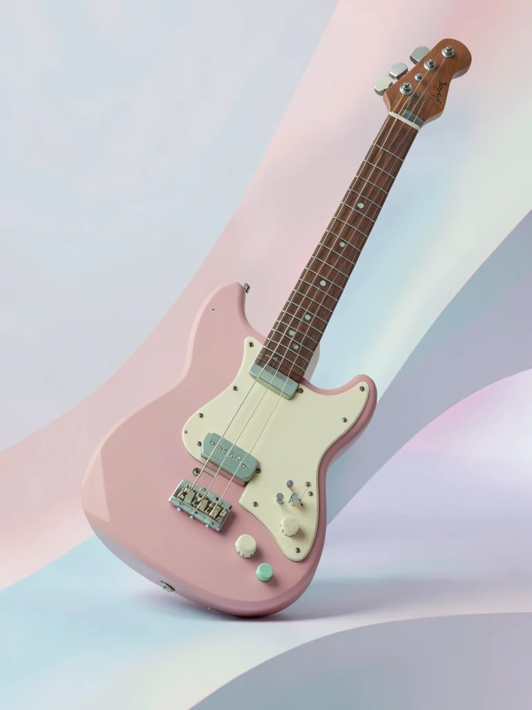 Plucked dusty-pink lowpoly bass guitar with cream pickguard and mint tuning pegs